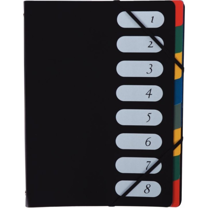 Trieur en polypropylène 8 compartiments, fermeture par élastiques, couverture coloris noir 74611