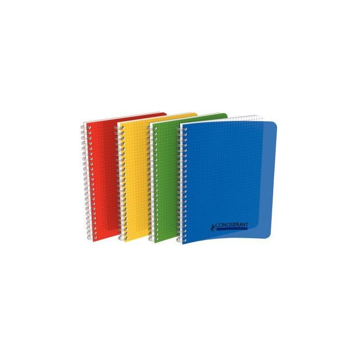 Cahier spirale 21x29,7cm 100 pages petits carreaux 5x5 90g. Couverture polypro assortie