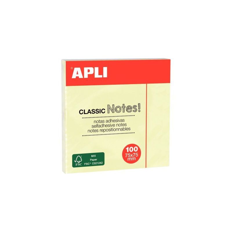 Achetez Bloc de 100 feuilles notes adhésives repositionnables, 75 x 75 mm, jaune 10975 APLI pas che..
