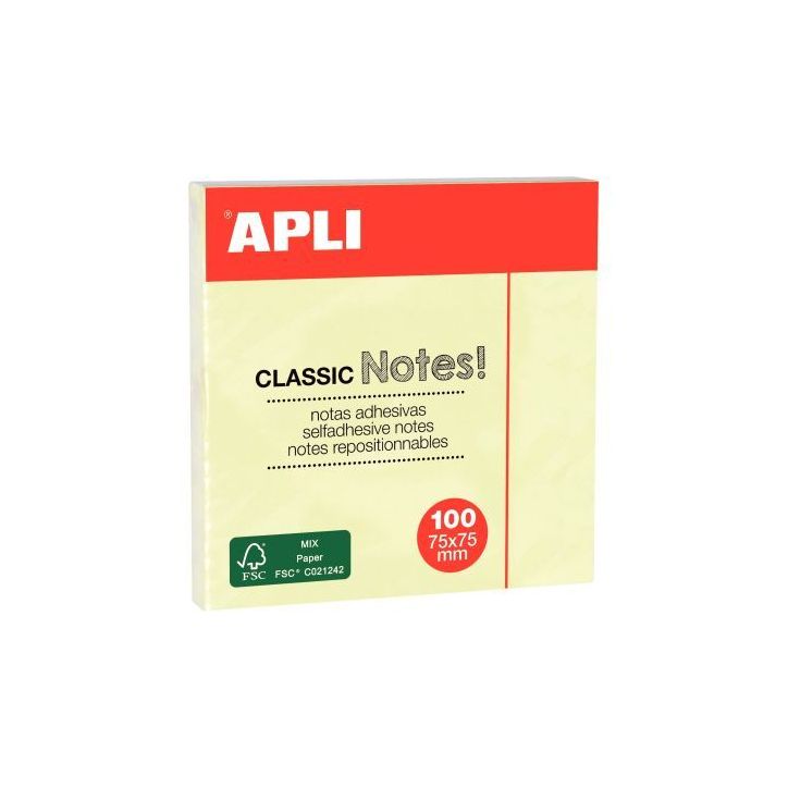 Bloc de 100 feuilles notes adhésives repositionnables, 75 x 75 mm, jaune 10975 APLI