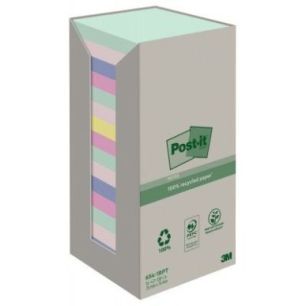POST-IT® Notes Post-it Recyclées Nature. 76 x 76 mm. 16 blocs, 100 F. Ass : vert, rose, bleu, jaune.