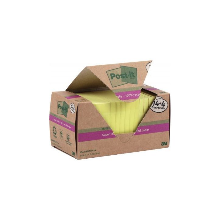 Tour de 18 blocs sticky recyclés 76x76mm coloris jaune dont 4 gratuits BP1318 POST-IT 3M