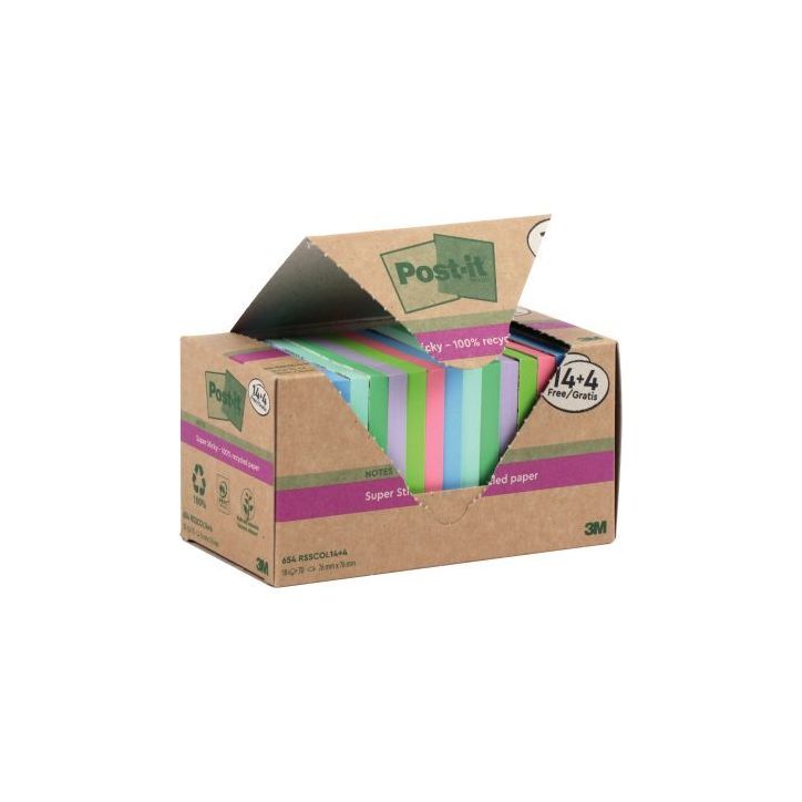 Tour de 18 blocs sticky recyclés 76x76mm coloris assortis dont 4 gratuits BP1324 POST-IT 3M