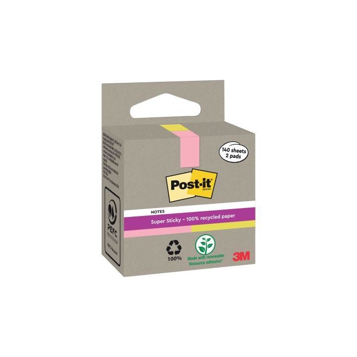 Boite de 2 blocs note recyclés de 140 feuilles rose et jaune BP1504 POST-IT 3M