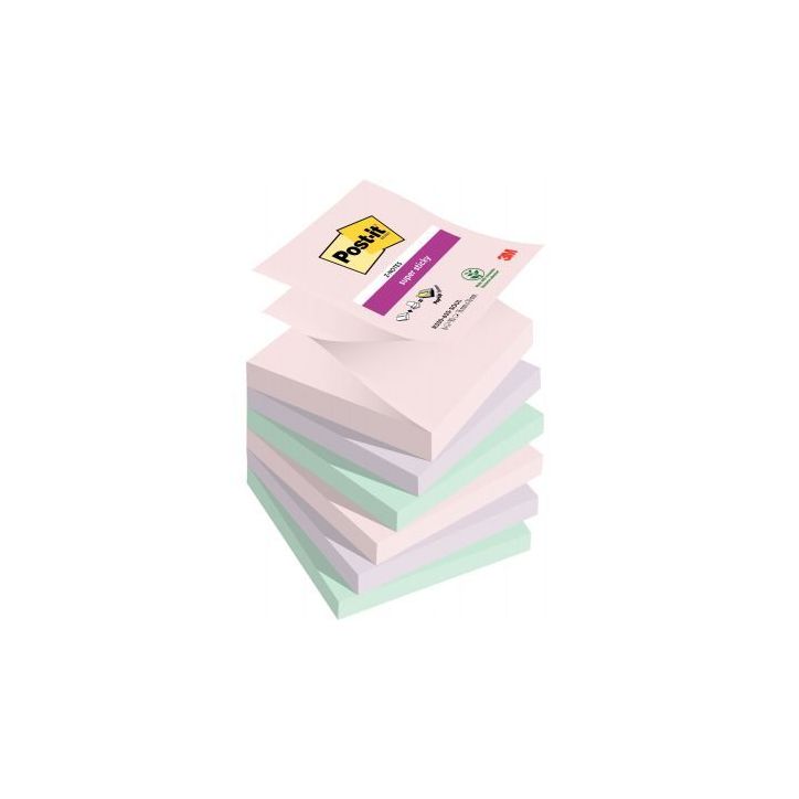 POST-IT® Z-Notes Super Sticky Soulful. 76 x 76 mm.Lot de 6 blocs de 90 F. Ass : rose, bleu et vert.