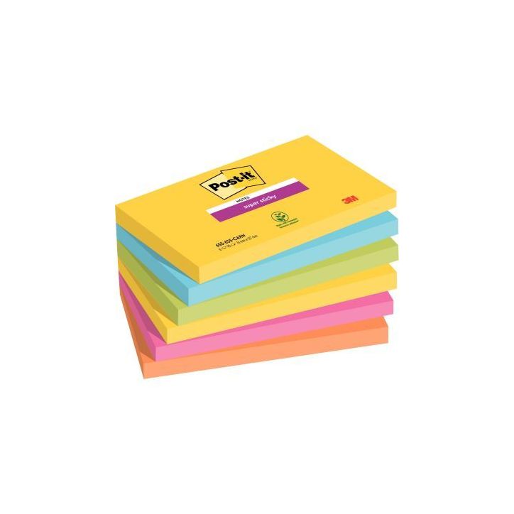 POST-IT Lots de 6 blocs Notes Super Sticky POST-IT® couleurs RIO 90 feuilles 76 x 127 mm