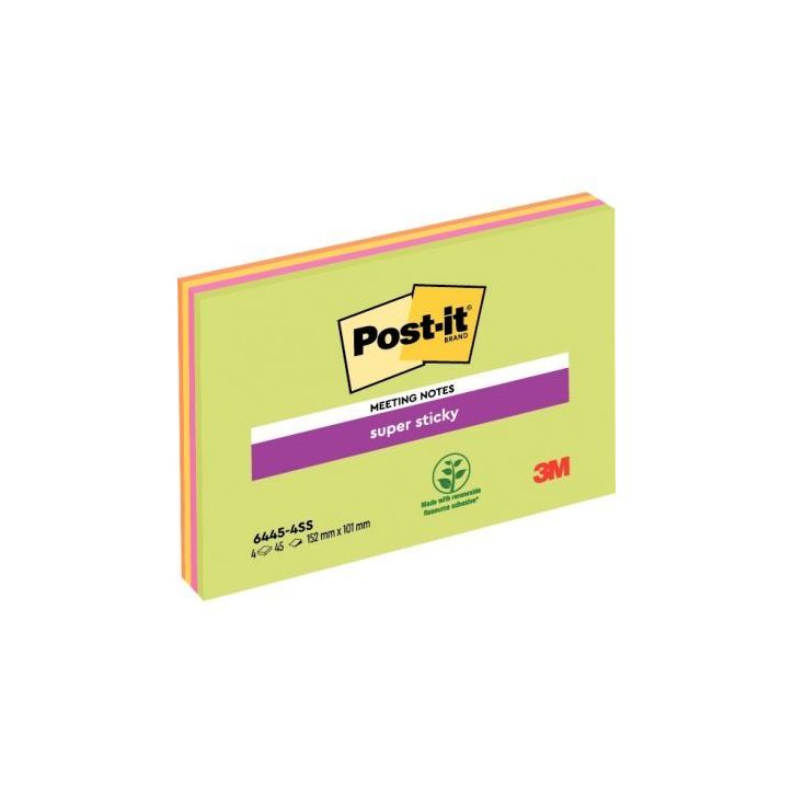 Paquet de 4 blocs de Notes Super Sticky Post-it grand format, Couleurs assorties, 101 x 152 mm, 45 feuilles pa(...)