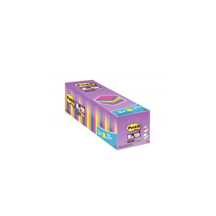 Boîte de 24 blocs de 90 feuilles Post-it Super Sticky néon format 76 x 76 mm dont 3 gratuits BP882 POST-IT 3(...)