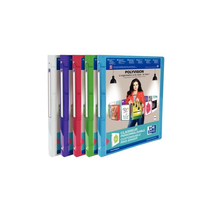 OXFORD Classeur OXFORD POLYVISION A4 dos 20 mm 4 anneaux ronds en PP translucide assorti