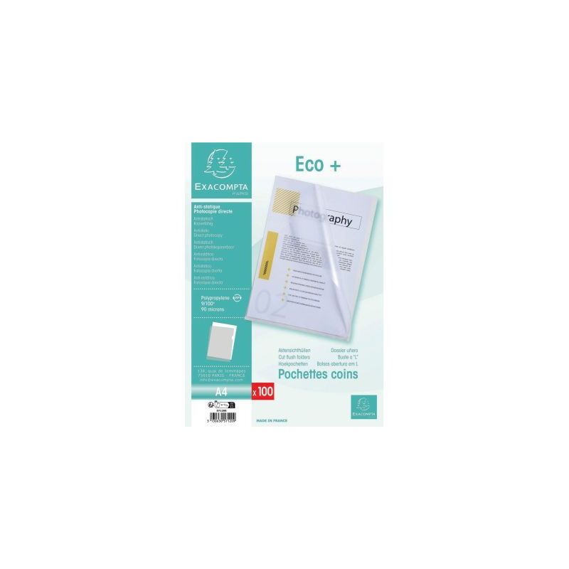 Achetez Sachet de 100 pochettes coin en polypropylène 9/100ème incolore 57120E EXACOMPTA pas cher .. Achetez Sachet de 100 pochettes coin en polypropylène 9/100ème incolore 57120E EXACOMPTA pas cher ..