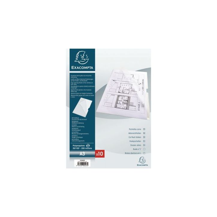 Sachet de 10 pochettes coin en polypropylène 20/100ème pour format A3 325005E EXACOMPTA