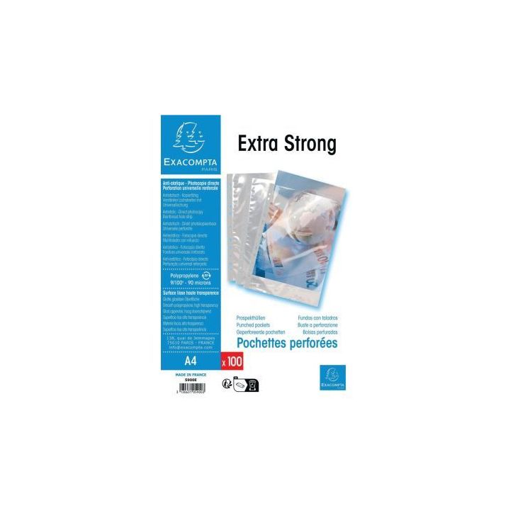 Paquet de 100 pochettes perforées en polypropylène lisse 9/100ème 5900E EXACOMPTA