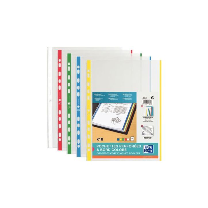 Sachet de 10 pochettes perforées en polypropylène 9/100ème format A4 bords couleurs assorties 100206870 HAM(...)