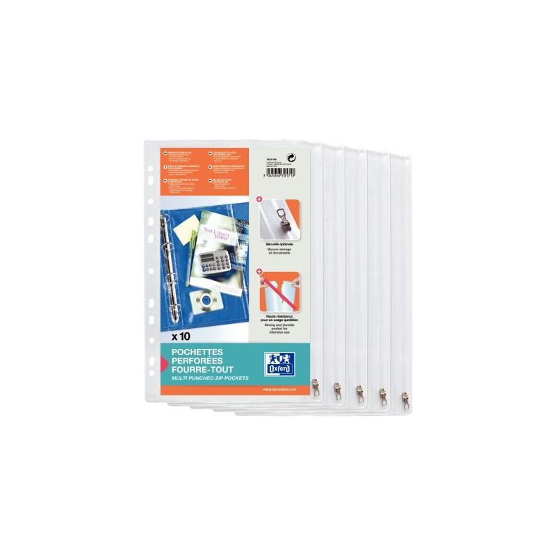 Achetez OXFORD Sachet de 10 pochettes perforées à  Zip en PVC transparent 14/100e. Format A4,perf..