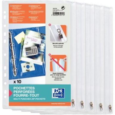 Achetez OXFORD Sachet de 10 pochettes perforées à  Zip en PVC transparent 14/100e. Format A4,perf..