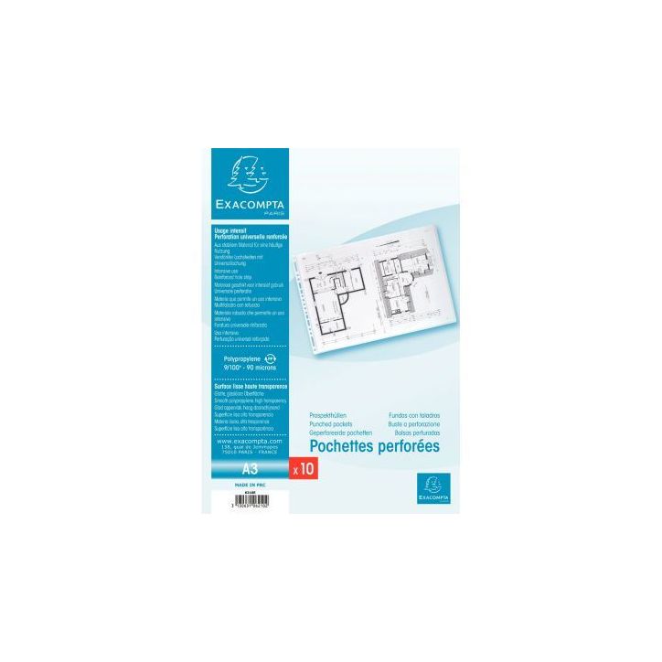 Sachet de 10 pochettes perforées en polypropylène lisse 9/100ème, format A3 6210E EXACOMPTA