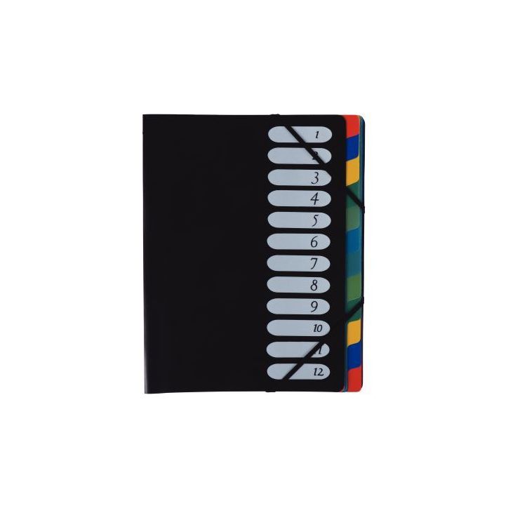 Trieur en polypropylène 12 compartiments, fermeture par élastiques, couverture coloris noir 74612