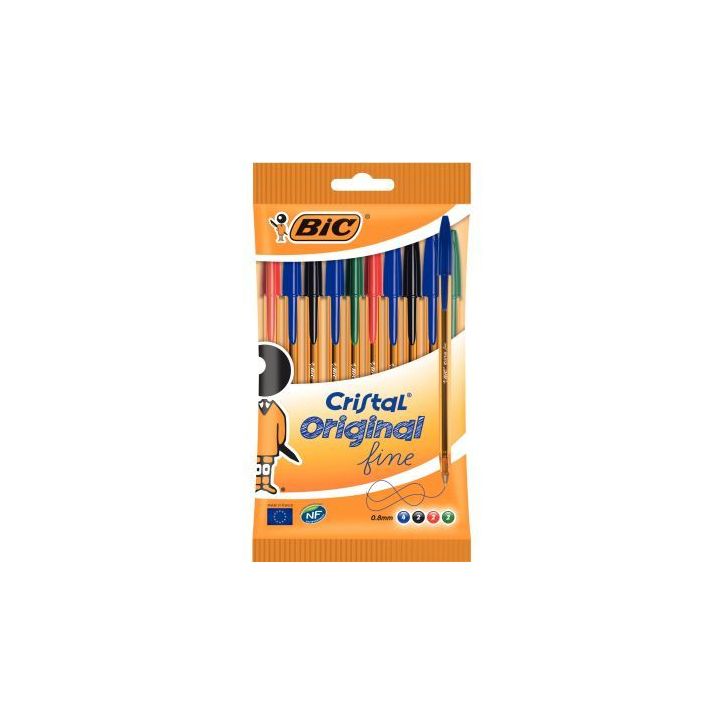 Blister de 10 stylos bille Cristal pointe fine assortis 516356 CRISTAL BIC
