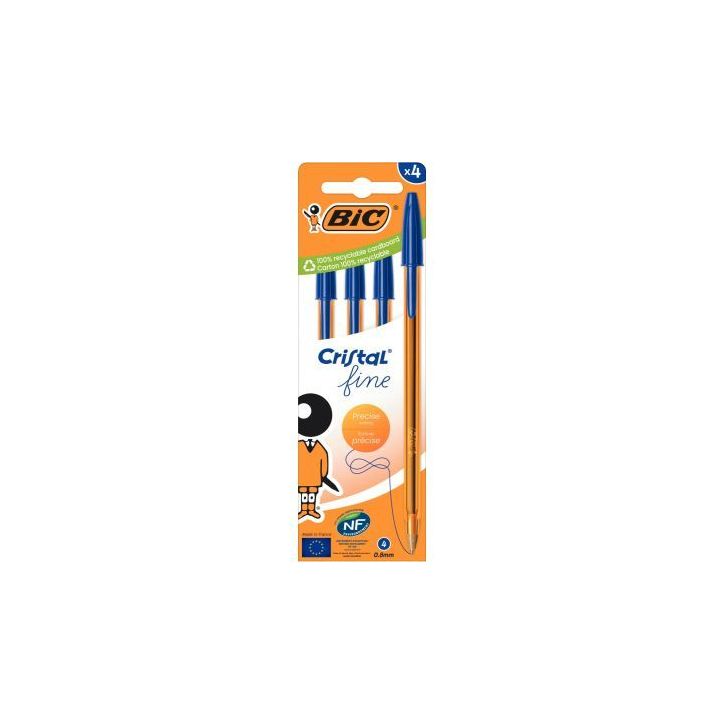 Blister de 4 stylos bille Cristal pointe fine bleus 516338 CRISTAL BIC