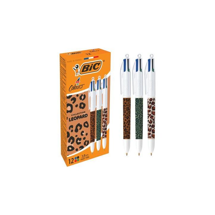 Boîte de 12 stylos bille 4 couleurs Léopard assortis 304095 BIC
