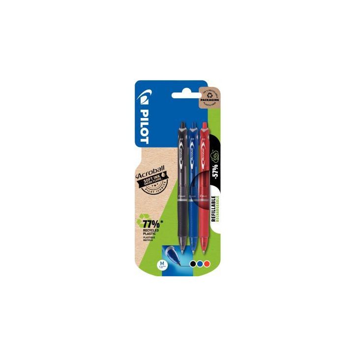 Blister de 3 stylos bille Acroball pointe moyenne assortis 3131910633556 ACROBALL PILOT