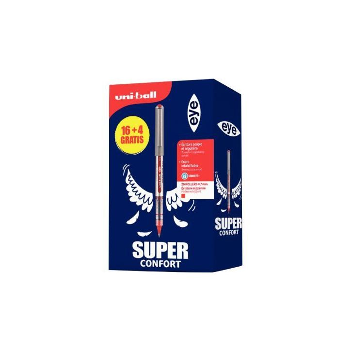Boite de 20 Rollers Uniball eye UB157 pointe moyenne rouge dont 4 gratuits L UB157/16+4G R UNIBALL