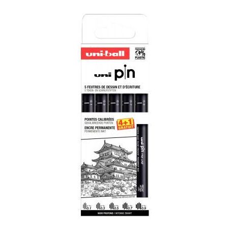 Achetez Pochette 5 feutres pointes impaires noir dont 1 gratuit PIN/4+1G PF ASP008 UNIBALL pas cher ..