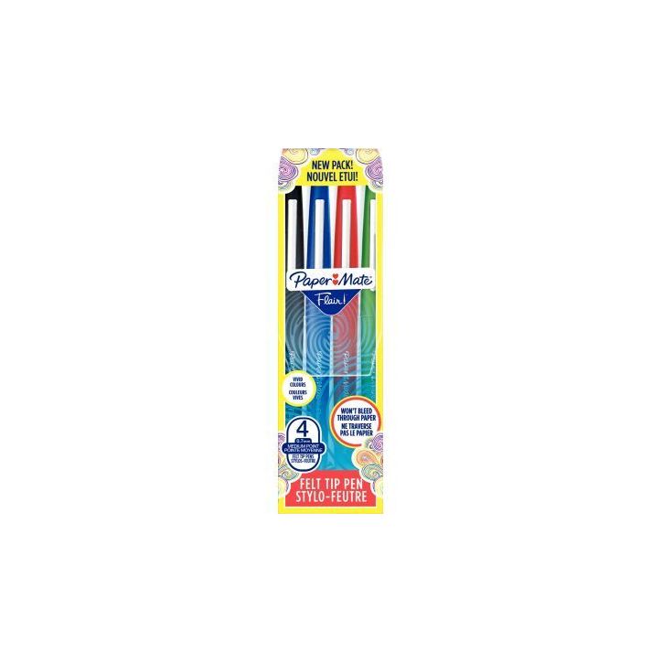 PAPERMATE Pochette de 4 Stylos feutres Flair Original Standard, pointe 0,4mm. B, N, RGE, VT