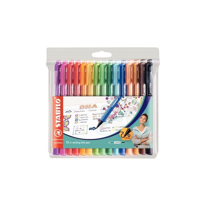 STABILO pointMax stylo-feutre pointe moyenne (0,8 mm) - Pochette de 15 stylos-feutres - Coloris assortis