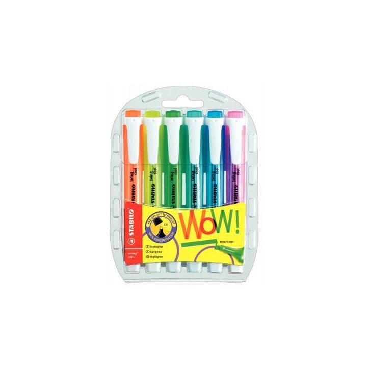 STABILO swing cool surligneur pointe biseautée - Pochette de 6 surligneurs fluo - Coloris assortis