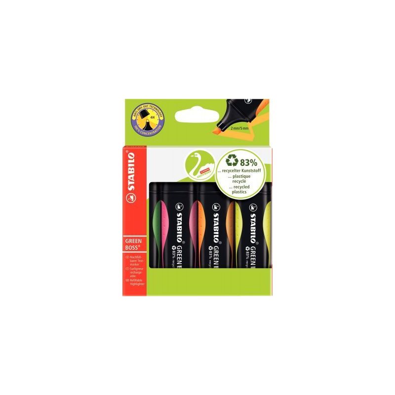 Achetez STABILO GREEN BOSS surligneur pointe biseautée - Etui de 4 surligneurs fluo - Jaune/Vert/Or.. Achetez STABILO GREEN BOSS surligneur pointe biseautée - Etui de 4 surligneurs fluo - Jaune/Vert/Or..