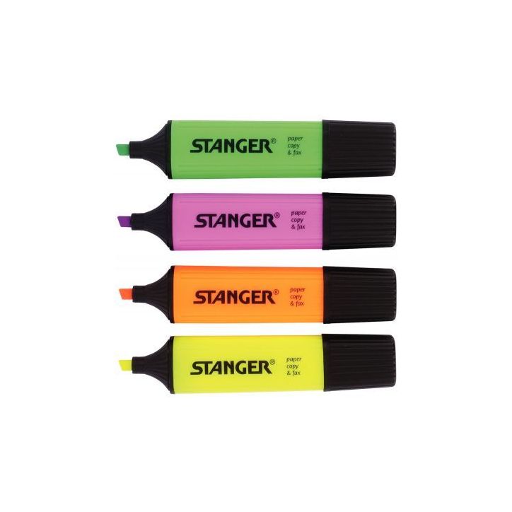 Pochette de 4 surligneurs pointe biseautée assortis vert, rose, jaune, orange 180009000 STANGER