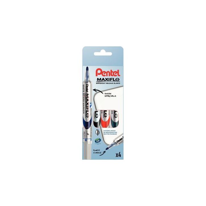 PENTEL Pochette 4 marqueurs effaçables sec, pointe ogive, encre liquide Noir,Bleu,Vert,Rouge MAXIFLO