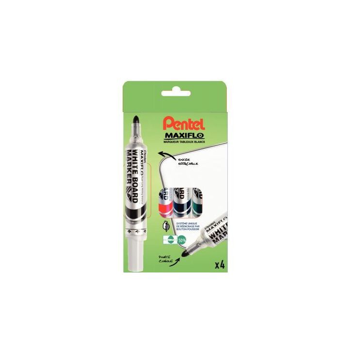 PENTEL Pochette de 4 marqueurs effaçables à  sec tableaux Blancs pointe ogive large encre liquide MAXIFLO