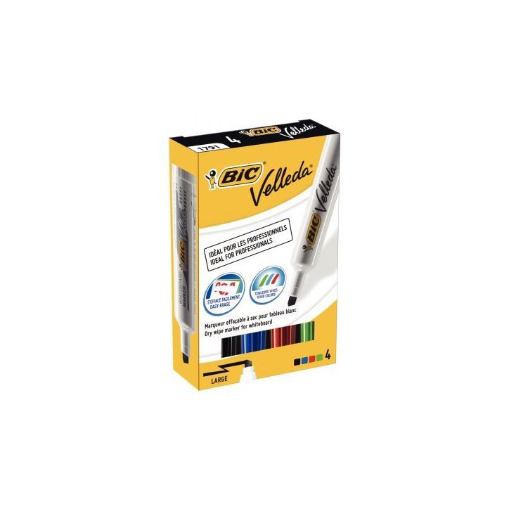 BIC Velleda 1791 Feutre pour Tableau Blanc Effaçable à  Sec Pointe Large Biseautée - Couleurs Assorties x4