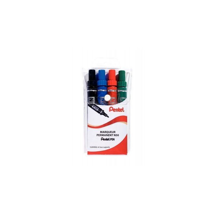 Pochette de 4 marqueurs permanents pointe ogive base alcool coloris assortis N50/4 PENTEL