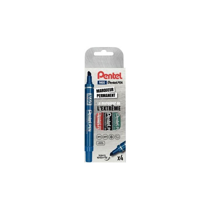 Pochette de 4 marqueurs permanents pointe biseautée N60 assortis N60-4 PENTEL