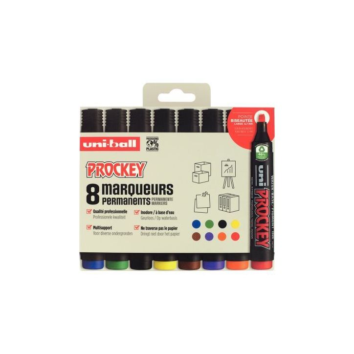 UNI-BALL Pochette de 8 marqueurs permanent PROCKEY pointe biseautée. Assortis