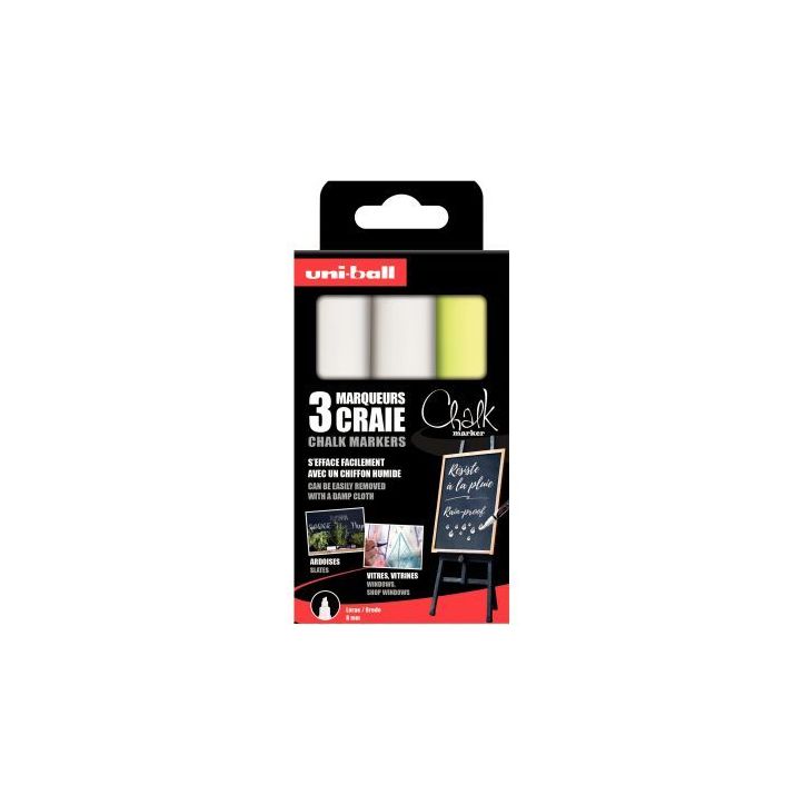 Pochette de 3 marqueurs craie Chalk 8mm assortis 2 blancs et 1 jaune fluo couleurs très lumineuses PWE8K/3 PF