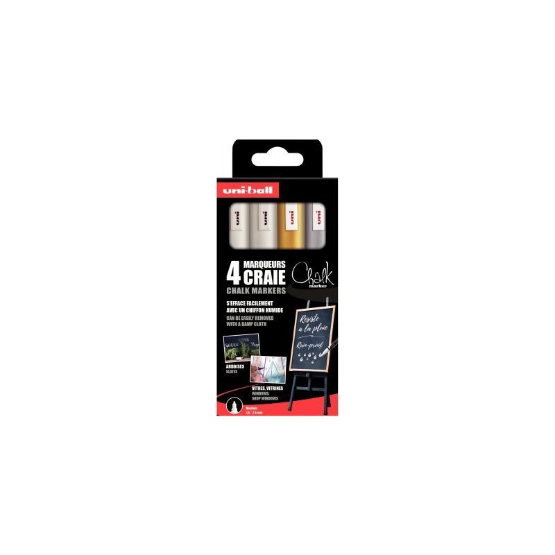 Achetez UNI-BALL Set de 4 marqueurs craie UNI CHALK MARKER. Pointe moyenne. Coloris : 2 Blanc, 1 arg.. Achetez UNI-BALL Set de 4 marqueurs craie UNI CHALK MARKER. Pointe moyenne. Coloris : 2 Blanc, 1 arg..