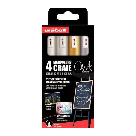Achetez UNI-BALL Set de 4 marqueurs craie UNI CHALK MARKER. Pointe moyenne. Coloris : 2 Blanc, 1 arg..