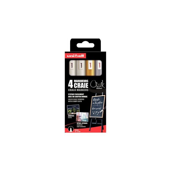 UNI-BALL Set de 4 marqueurs craie UNI CHALK MARKER. Pointe moyenne. Coloris : 2 Blanc, 1 argent, 1 or