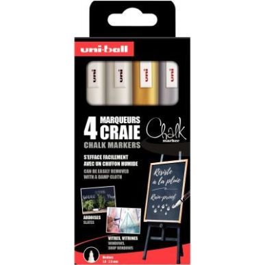 Achetez UNI-BALL Set de 4 marqueurs craie UNI CHALK MARKER. Pointe moyenne. Coloris : 2 Blanc, 1 arg..