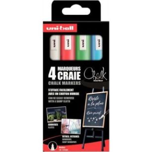 UNI-BALL Pochette 4 marqueurs craie CHALK. Pointe conique 1,8-2,5mm. Coloris Blanc,Vert Fluo,Rouge,Bleu UNI-BALL Pochette 4 marqueurs craie CHALK. Pointe conique 1,8-2,5mm. Coloris Blanc,Vert Fluo,Rouge,Bleu