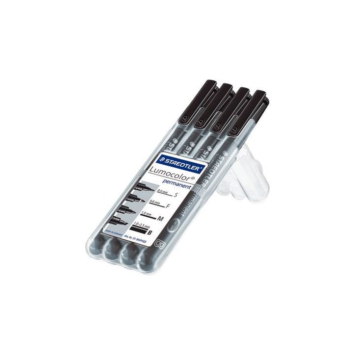 STAEDTLER Pochette de 4 feutres LUMOCOLOR Encre noir permanente. 4 pointes différentes assorties