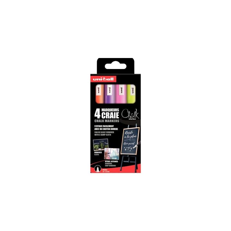 Achetez UNI-BALL Pochette 4 marqueurs craie CHALK. Pointe conique 1,8-2,5mm. Fluo : Jaune, Orange, R.. Achetez UNI-BALL Pochette 4 marqueurs craie CHALK. Pointe conique 1,8-2,5mm. Fluo : Jaune, Orange, R..