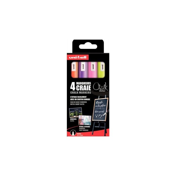 UNI-BALL Pochette 4 marqueurs craie CHALK. Pointe conique 1,8-2,5mm. Fluo : Jaune, Orange, Rose et violet