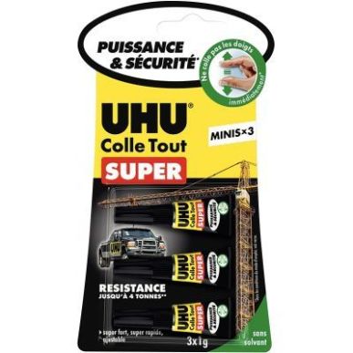 Achetez UHU Boîte antichoc de 3 mini-tubes 1g de colle Strong and Safe. Sans solvant. pas cher sur ..