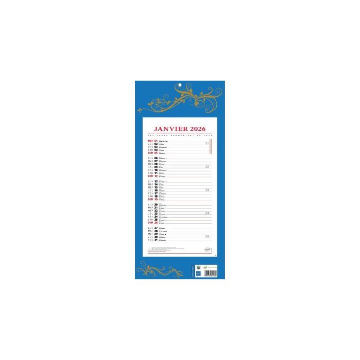 Calendrier mensuel 12 feuillets 36x19cm bleu PAP411B
