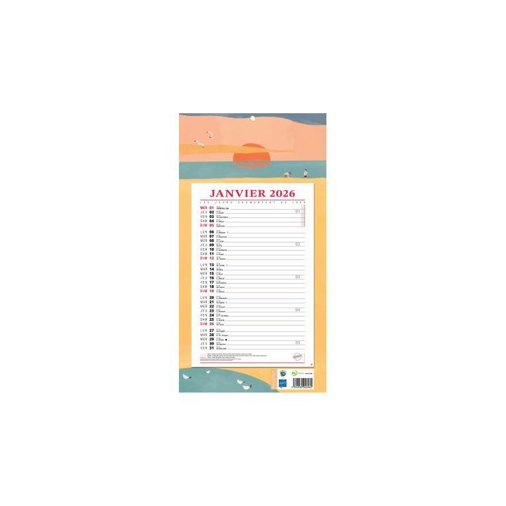 Calendrier mensuel 12 feuilles 36x19cm exotique PAP409O BOUCHUT GRANDREMY